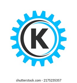 Letter K Gear Logo Design Template. Automotive Gear Logo for Business and Industrial Identity