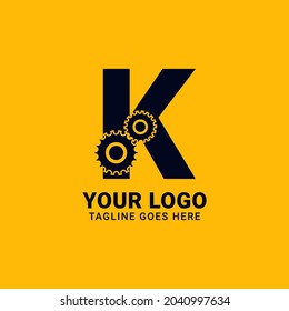 letra K con equipo para diseño de tecnología y logotipo de vector mecánico