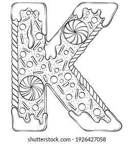 Letter K. Gingerbread Cookies in the form of letters. Cartoon vector font made in hand drawn line art style isolated on white background. Lettering logo template. Coloring book design.