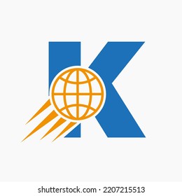Letra K Concepto De Logotipo Global Con Icono De Mundo En Movimiento. Plantilla de vector de símbolos de logotipo global