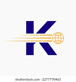 Letter K Global Logo Concept With Moving World Icon. Global Logotype Symbol Vector Template