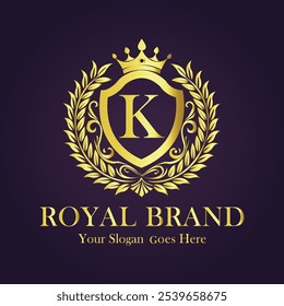 Letter K gold crown logo vector design illustration.