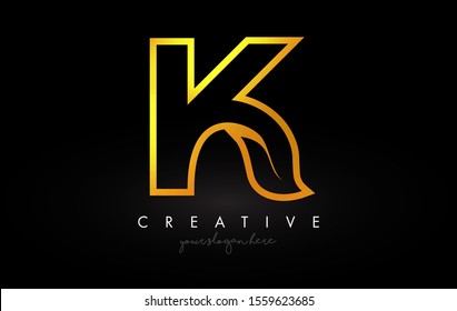 Letter K Golden Monogram Leaf Logo Icon Design with Gold Yellow Colors Vector Illustration.