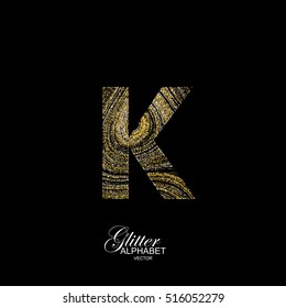 Letter K of golden and silver glitters. Typographic vector element for design. Part of marble texture imitation alphabet. Letter K with diffusion glitter lines swirly pattern. Vector illustration