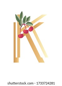 Letter K with gradient style beige color covered with green leaves and red berries eco font flat vector illustration isolated on white background