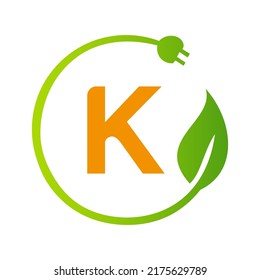 Letter K Green Energy Electrical Plug Logo Template. Electrical Plug Sign Concept with Eco Green Leaf Vector Sign