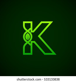 Letter K Green leaf with abstract biotechnology logotype. Medicine, science, laboratory,DNA vector concept