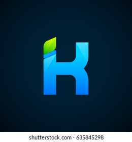 Letter K with Green leaf and Blue color, Modern glossy logotype, Vector ecology elements for corporate identity