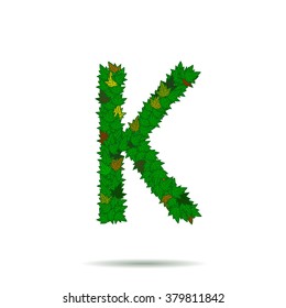 Letter K, green leaves vector alphabet.