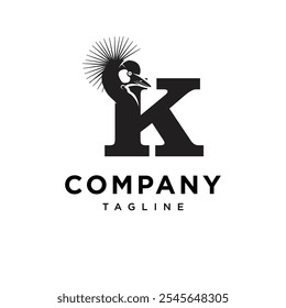 Letter K Grey Crowned Crane Logo Icon Vector