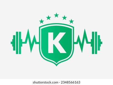 Letter K Gym Fitness Logo Design Concept With Barbell Shield and Start Icon. Bodybuild Gym Symbol