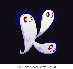 Letra K Fuente de fantasma de Halloween, tipografía de miedo, tipo malvado de horror, alfabeto de monstruo espeluznante. Vector Holiday Kid ABC, tres personajes fantasma de fantasma de fantasma de fantasma flotante con ojos brillantes, creando el símbolo de la tipografía