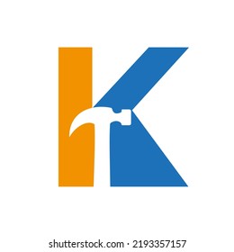Letter K Hammer Logo Concept For Construction, Woodworking Company Repair Symbol Vector Template