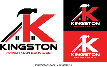 Letra K Hammer Logo Concept For Construction, Handyman, Roofing, Woodwork Company Reparation Symbol Vector Template. Logo vectorial moderno para el negocio de la construcción e identidad de la empresa