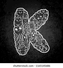 Letter K. Hand drawn doodled kids letter K. Cute monstred lettering, text symbols. Vector illustration for web, design, decoration, education, prints, cards, design. Chalk cartoon on a blackboard
