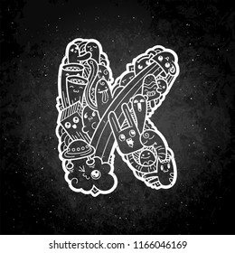 Letter K. Hand drawn doodled kids letter K. Cute monstred lettering, text symbols. Vector illustration for web, design, decoration, education, prints, cards, design. Chalk cartoon on a blackboard
