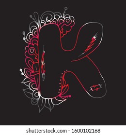 Letter K. Hand drawn sketch. Bright outline.