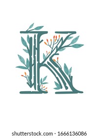 Letter K hand drawn tree branches with leaves and berries botanical flowers floral hand drawn scandinavian style art design element flat vector illustration