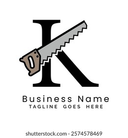 Letter K handsaw logo. Alphabet K woodwork and carpentry icon