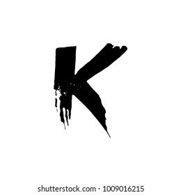 Letter K. Handwritten by dry brush. Rough strokes font. Vector illustration. Grunge style elegant alphabet.