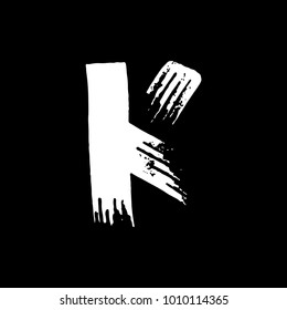 Letter K. Handwritten by dry brush. Rough strokes font. Vector illustration. Grunge style elegant alphabet.