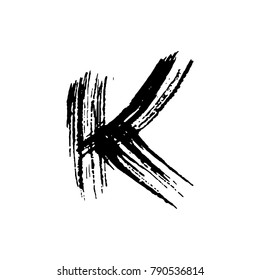 Letter K. Handwritten by dry brush. Rough strokes font. Vector illustration. Grunge style elegant alphabet.