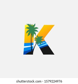 Letter K- Hawaii Palm Beach Logo icon.  Nature logo design concept palm tree and  sea wave  for initial letter K, surfing shop, sport, Tour and Travel.