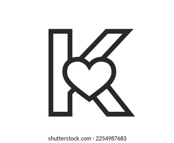 letter k with heart in line style. creative initial letter for valentine's day design. romantic and love symbol. isolated vector image