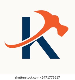 Letter K Home Construction Logo Design With Hammer Symbol