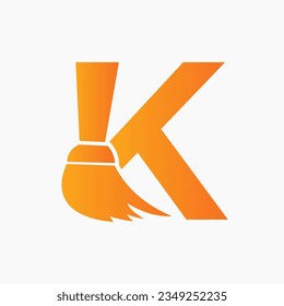 Letter K House Cleaning Logo Concept With Clean Brush Icon. Maid Service Symbol