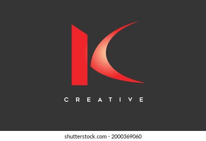 Logotipo de icono de la letra K. Diseño de logotipo curvo de letra creativa K con diseño de estilo Swoosh y color naranja en la ilustración de vectores de fondo negro.