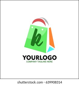 Letter K identity design, colorful paper bag concept, online shopping logo isolated. 