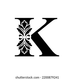 letra K negro inicial. letras de flores. Alfabeto adorno de época. vector de logotipo 
