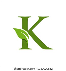 Letter K initial with green leaf logo vector design template