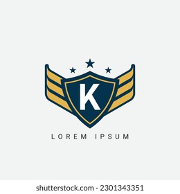 Letter K initial shield with wings logo design