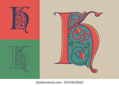 Letter K initial with trailing vines of thistle plant. Medieval blackletter drop cap based on Bohemian manuscript. Romanesque style dim colors illuminated emblem. Decorative wax seal monogram logo.