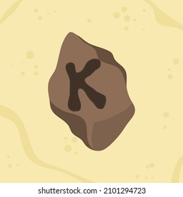 Buchstabe K Initialen Loch in Stein-Design auf Sand-Hintergrund, Vektorlogo Buchstaben Typografie-Illustration.