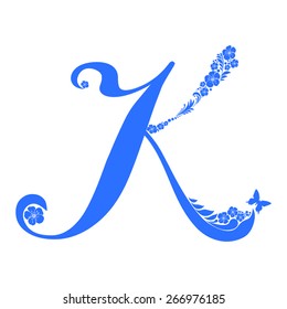 Letter K isolated on white. Romantic letter of beautiful flowers. Floral Alphabet. Vector Illustration