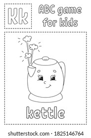 Letter K is for kettle. ABC game for kids. Alphabet coloring page. Cartoon character. Word and letter. Vector illustration.