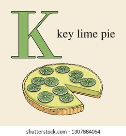 Letter K with key lime pie. Illustrated English alphabet with sweets.