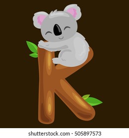 letter K with koala animal for kids abc education in preschool.