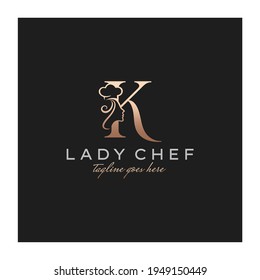 Letter K Lady Chef, Initial Beauty Cook Logo Design Vector
