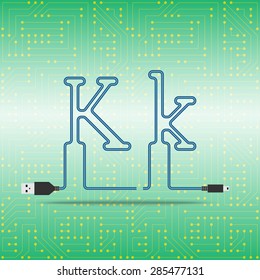 Letter K laid cable. USB blue cable, vector illustration. Background microchip