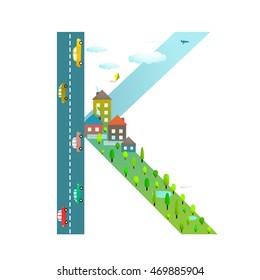 Letter K of the latin alphabet Funny cartoon ABC for children. For children boys and girls with city, houses, cars, trees. Learning, teaching, studying abc, flat style. Vector illustration