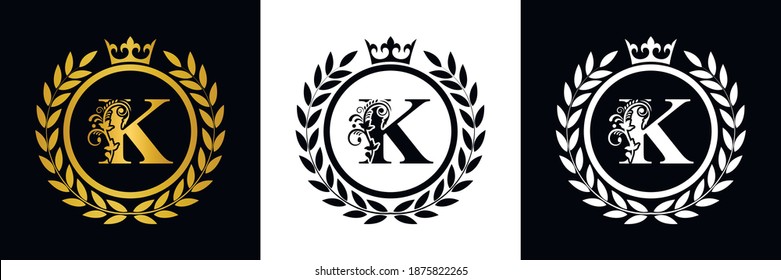 Letter K laurel Kranz Template Logo Luxury goldener Brief mit Krone. Monogramm-Alphabet. Schöner königlicher Initialbrief.	