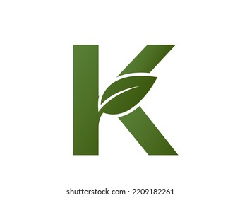 letter k with leaf logo. alphabet logotype design. eco friendly, ecology and environment symbol. isolated vector image in simple style