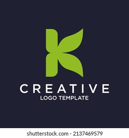 Letra K con elementos de plantilla de diseño de iconos de logotipo de hoja.