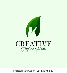 Letter K Leaf  Logo Icon Design in Green Colors. Eco Design Vector Illustration.
