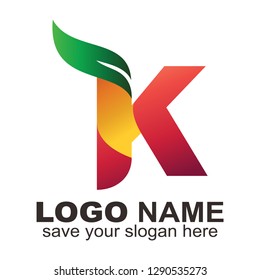 Letter K leaf logo - Vector. Symbol, Alphabet, Green leaf, Natural