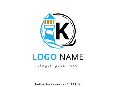 Letter K Light House Logo Design Vektorvorlage. Modernes Vektorgrafik-Leuchtturmlogo für Unternehmen, Organisationen oder Websites